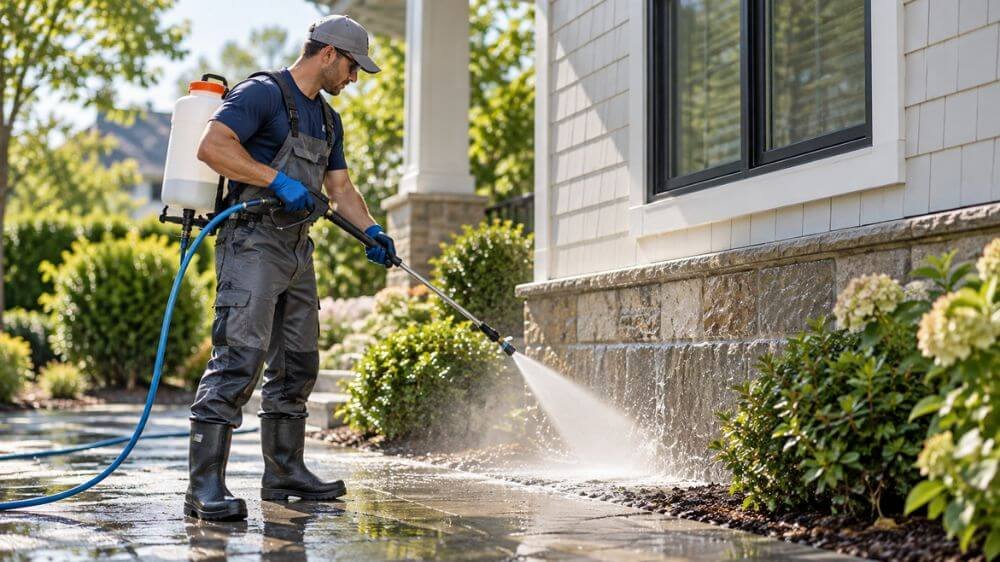 pressure-washing-chemical-runoff-risk Professional pressure washing worker cleaning a concrete walkway beside a residential building using a high-pressure water sprayer.