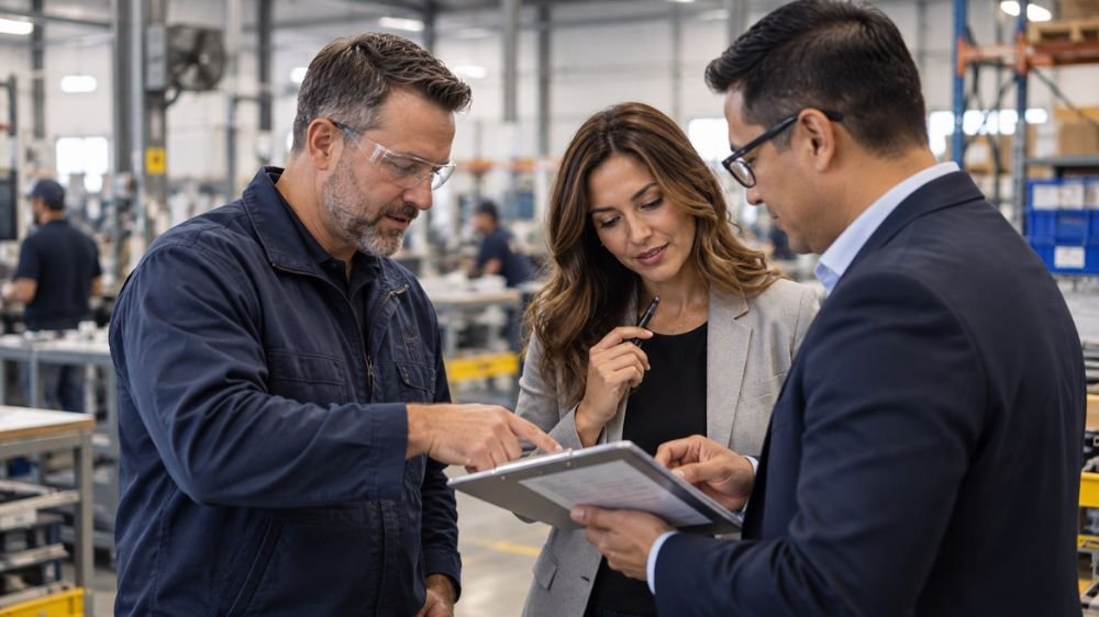 review-employee-health-insurance-needs Employer and benefits professionals reviewing employee health insurance needs in a workplace setting.