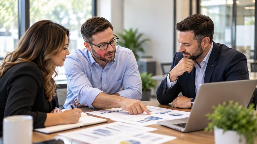 small-business-group-health-insurance-budget Business professionals reviewing financial charts and employee health insurance budget estimates during an office meeting.