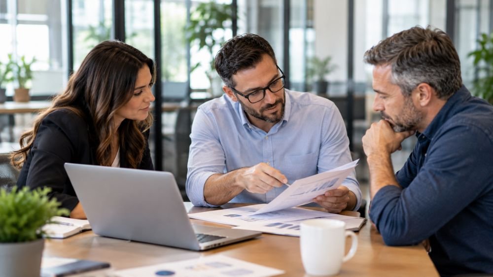 small-business-insurance-quote-review Three business professionals reviewing insurance quotes and coverage documents during an office meeting