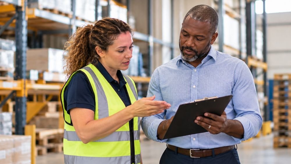 small-business-workplace-risk-assessment Business owner and workplace safety professional reviewing operational risks on a clipboard inside a warehouse.
