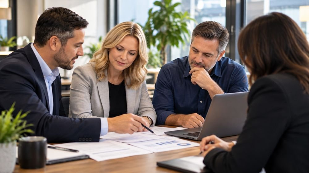 umbrella-insurance-policy-review Business professionals reviewing insurance documents, coverage reports, and a laptop during an office meeting.