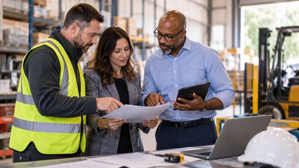 workers-compensation-contractor-coverage-review Warehouse supervisor wearing a safety vest reviewing paperwork with two business professionals beside a laptop.