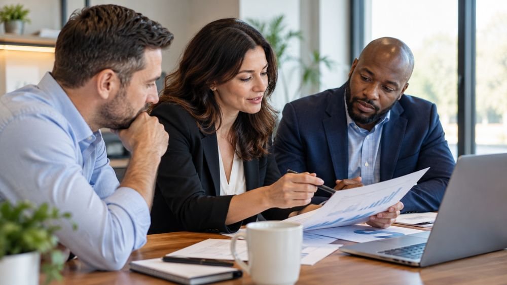 Manufacturing supervisor and business professionals reviewing workplace operations and job-related risks on a factory floor