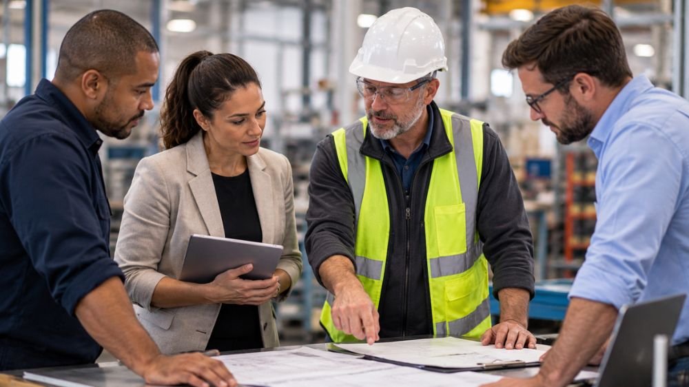 workers-compensation-employer-coverage-review Business and operations professionals reviewing documents together at a workbench inside an industrial facility.