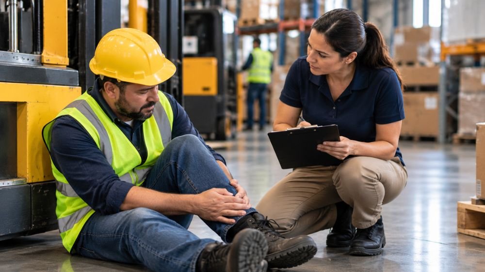 workers-compensation-injury-reporting Injured warehouse employee discussing a workplace incident with a supervisor documenting the injury.