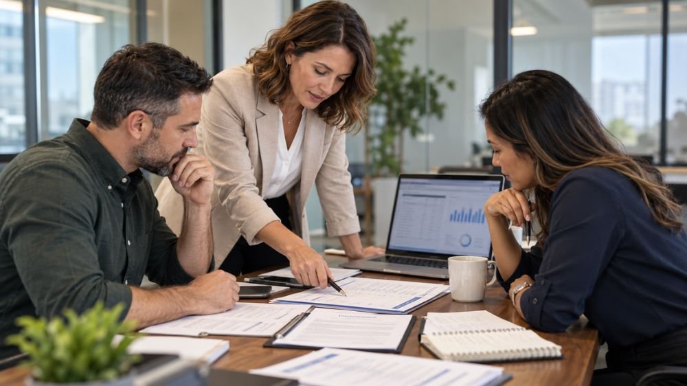 Business professionals reviewing workers' compensation insurance documents and coverage details during an office meeting.