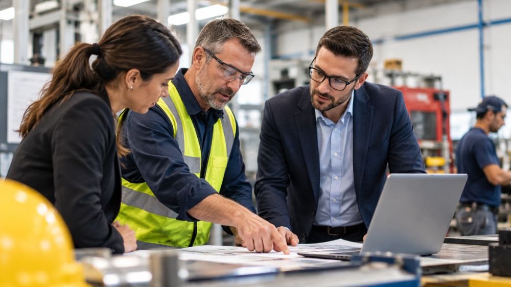 Business professionals reviewing financial reports and payroll figures to calculate workers' compensation insurance premiums