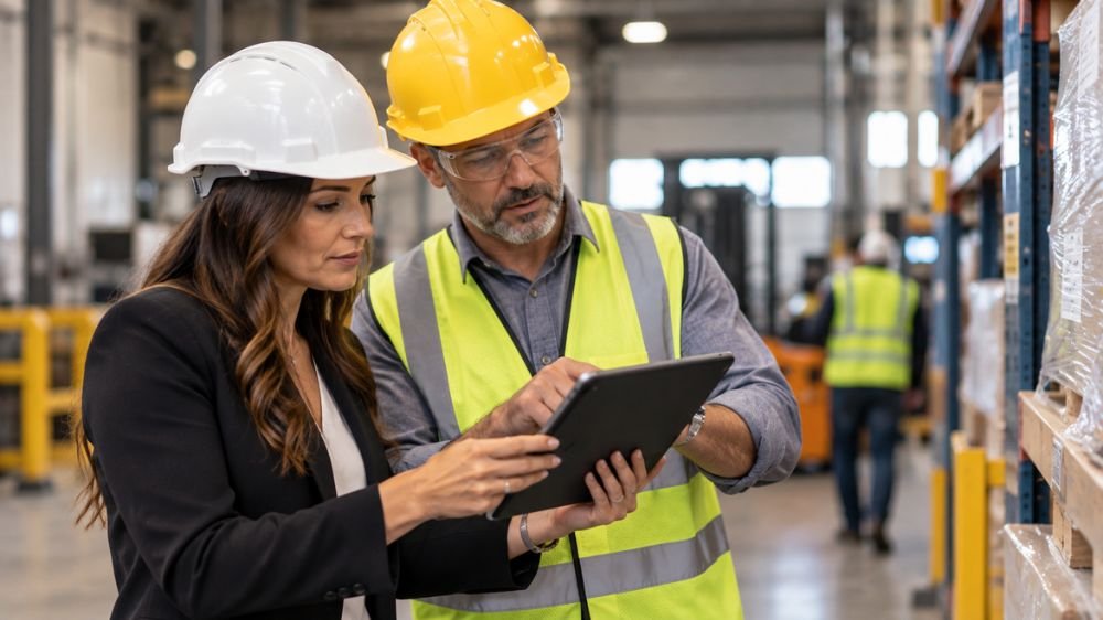 workers-compensation-workplace-review-final Warehouse supervisor and safety professional reviewing workplace information on a tablet during an inspection.