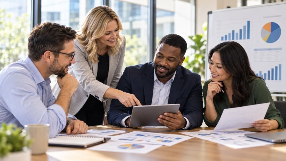 workforce-employee-benefits-cost-planning Four business professionals reviewing workforce benefits costs on a tablet with financial charts and reports on the table.