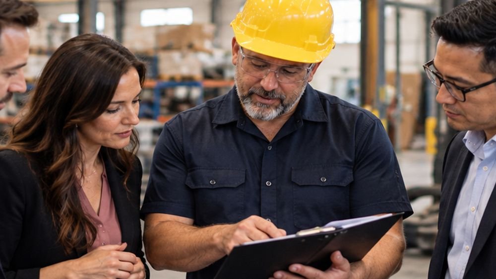 workplace-injury-insurance-review Warehouse manager wearing a yellow hard hat reviewing a clipboard with business advisers during a workplace insurance discussion.